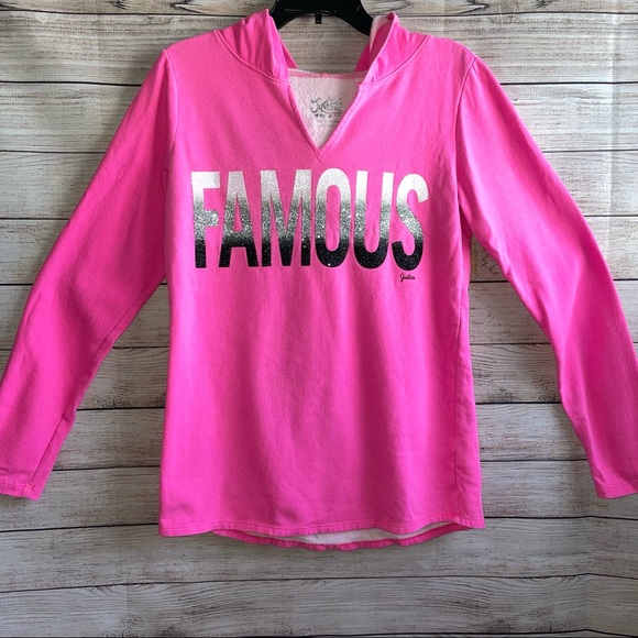 💕Justice sweatshirt Girls Size 18 Neon Pink Sparkle Famous Hooded Long sleeve - Picture 5 of 8